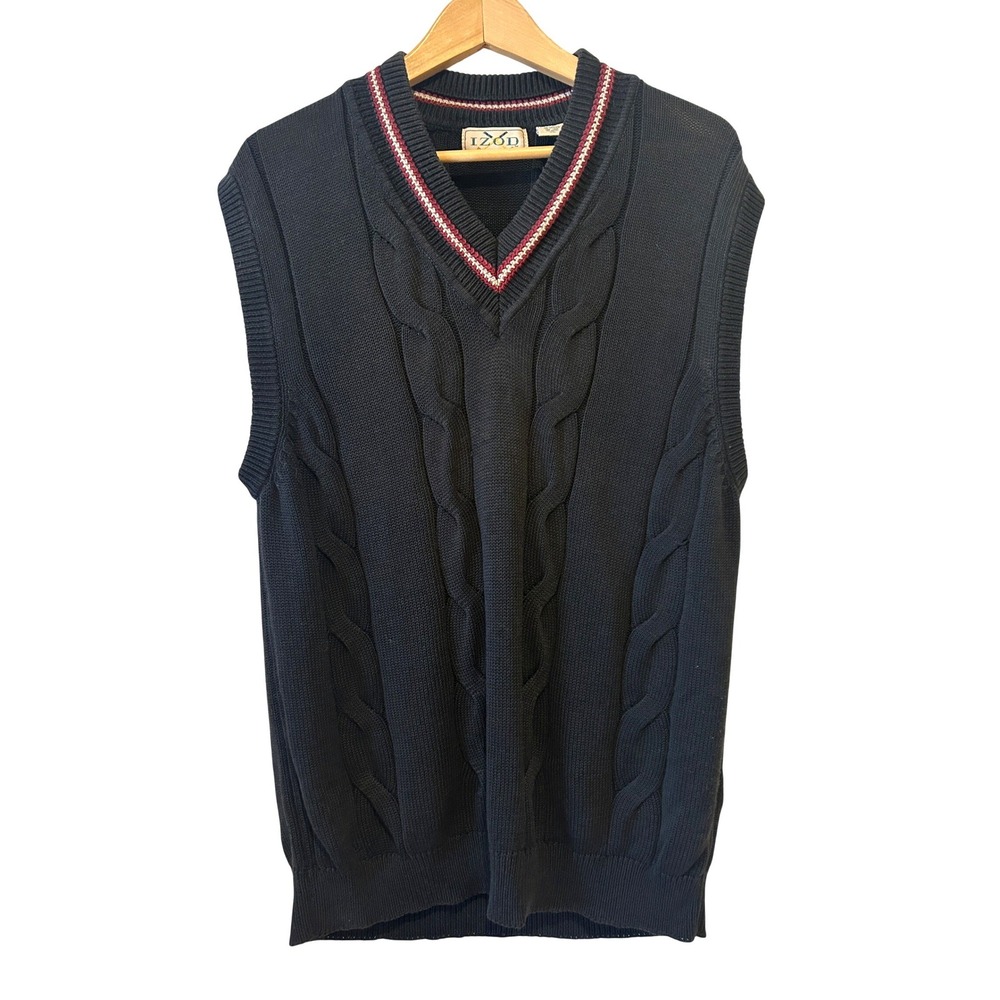 Vintage Izod Sweater Vest XL Black Cable Knit V-Neck Tennis Prep Academia Preppy
